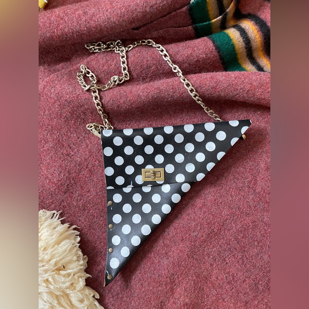 Artisan Made leather pyramid triangle painted purse clutch with crossbody chain
